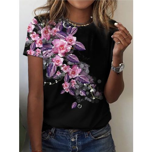 Casual Loose Floral Cotton-Blend T-Shirt