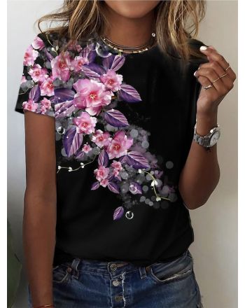 Casual Loose Floral Cotton-Blend T-Shirt